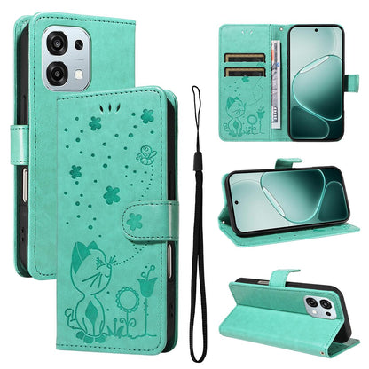 For OPPO A6 Pro 4G Cat and Bee Embossed Flip Leather Phone Case Wallet Cover with Card Slots Cash Pocket Magnetic Stand Protective Shockproof TPU PU Leather Case with Wrist Strap