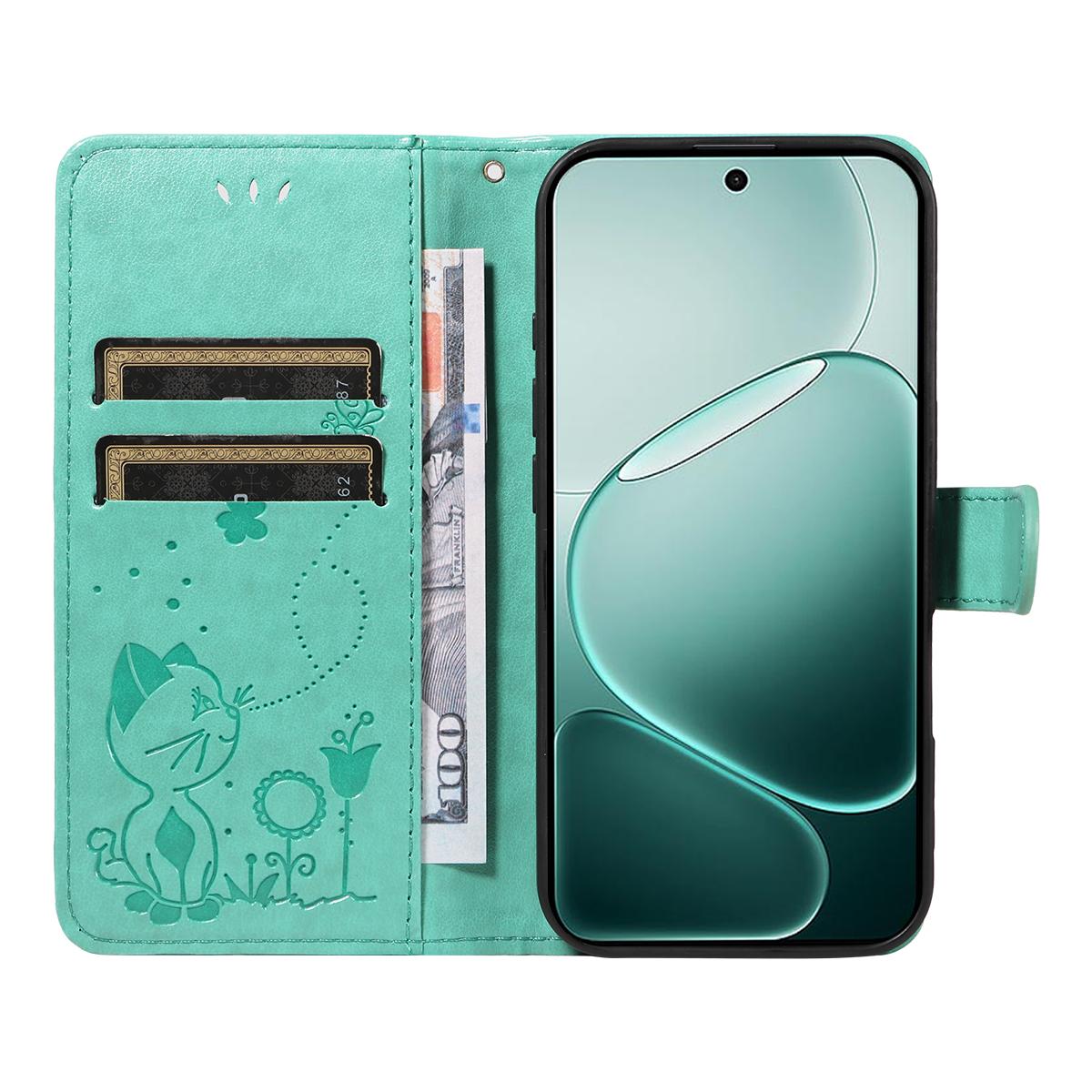 For OPPO A6 Pro 4G Cat and Bee Embossed Flip Leather Phone Case Wallet Cover with Card Slots Cash Pocket Magnetic Stand Protective Shockproof TPU PU Leather Case with Wrist Strap