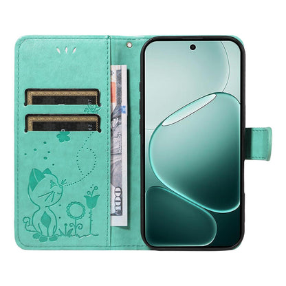 For OPPO A6 Pro 4G Cat and Bee Embossed Flip Leather Phone Case Wallet Cover with Card Slots Cash Pocket Magnetic Stand Protective Shockproof TPU PU Leather Case with Wrist Strap