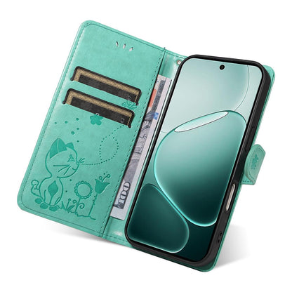 For OPPO A6 Pro 4G Cat and Bee Embossed Flip Leather Phone Case Wallet Cover with Card Slots Cash Pocket Magnetic Stand Protective Shockproof TPU PU Leather Case with Wrist Strap