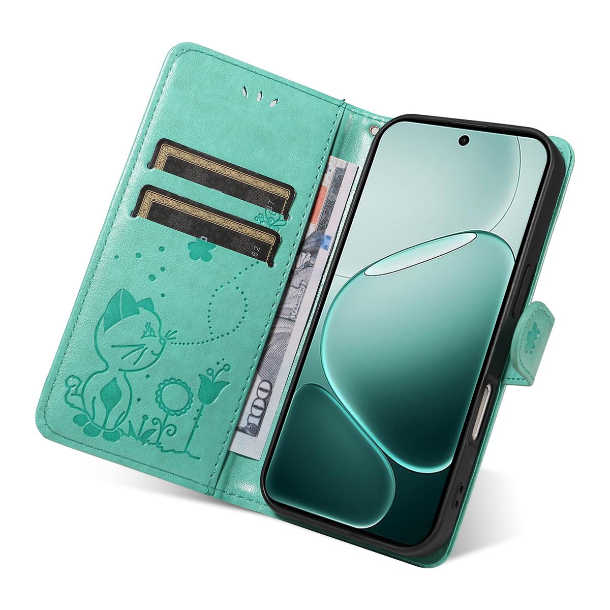 For OPPO A6 Pro 5G Cat and Bee Embossed Flip Leather Phone Case Wallet Cover with Card Slots Cash Pocket Magnetic Stand Protective Shockproof TPU PU Leather Case with Wrist Strap