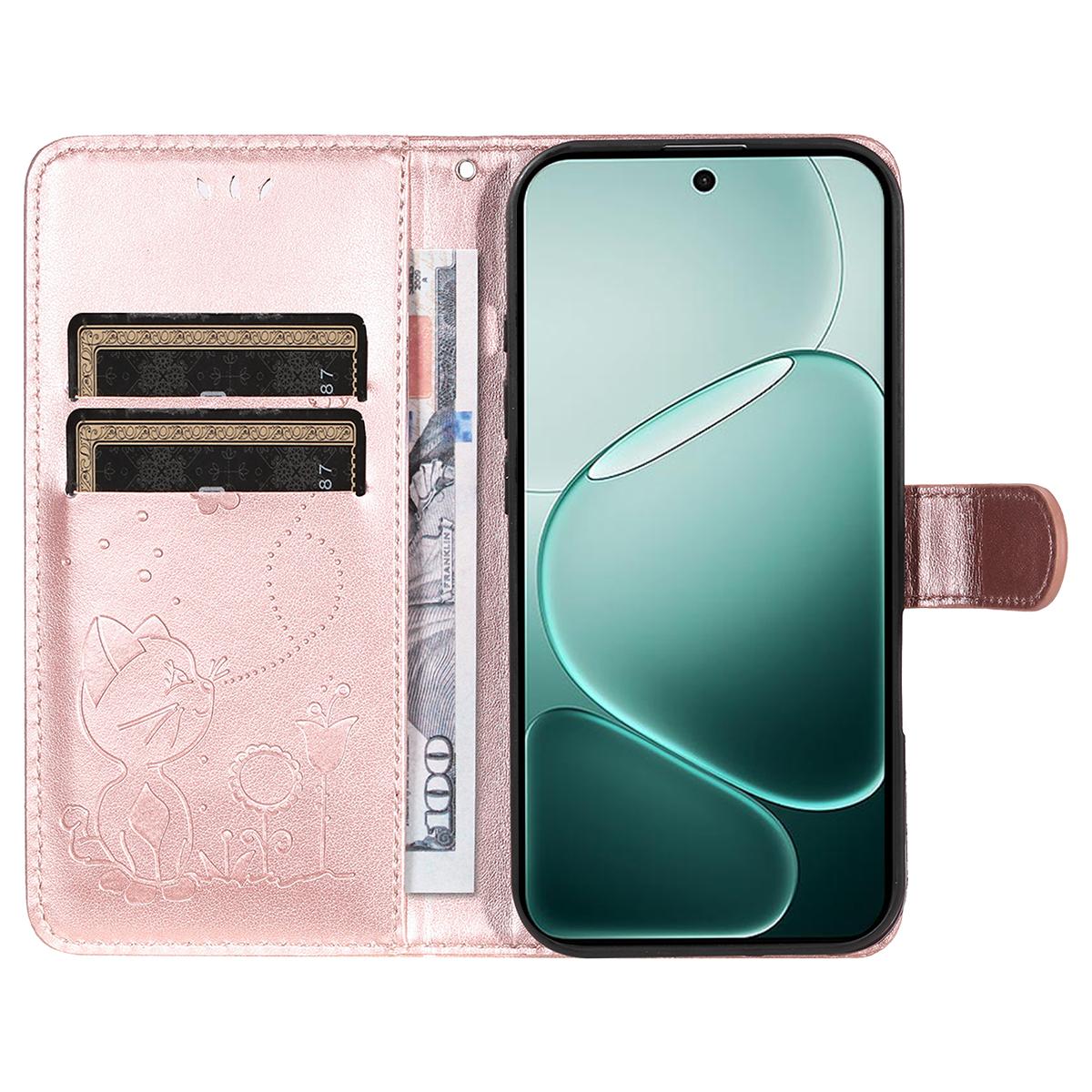 For OPPO A6 Pro 4G Cat and Bee Embossed Flip Leather Phone Case Wallet Cover with Card Slots Cash Pocket Magnetic Stand Protective Shockproof TPU PU Leather Case with Wrist Strap