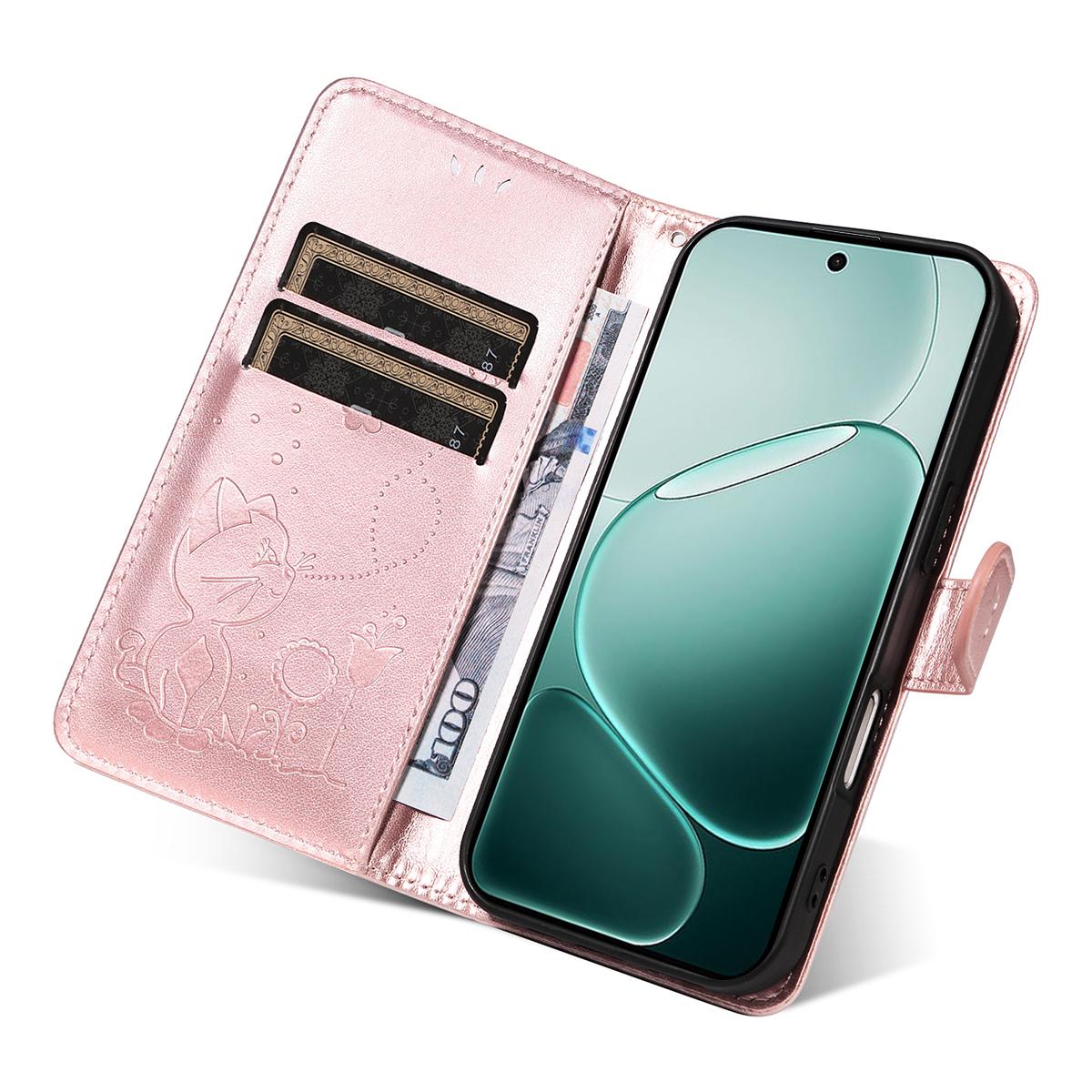 For OPPO A6 Pro 4G Cat and Bee Embossed Flip Leather Phone Case Wallet Cover with Card Slots Cash Pocket Magnetic Stand Protective Shockproof TPU PU Leather Case with Wrist Strap