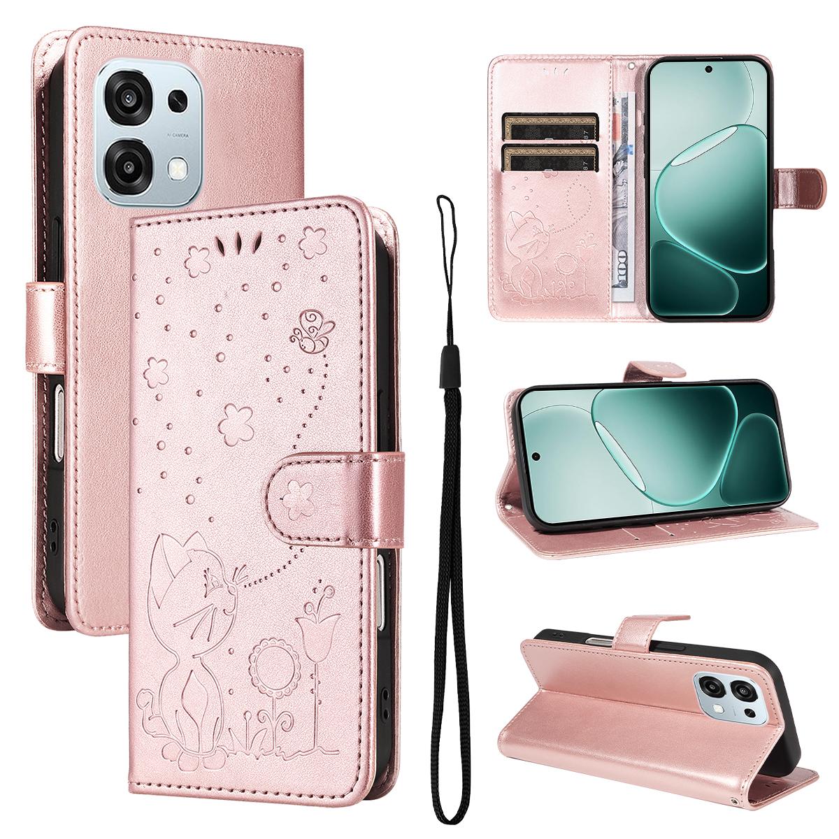 For OPPO A6 Pro 5G Cat and Bee Embossed Flip Leather Phone Case Wallet Cover with Card Slots Cash Pocket Magnetic Stand Protective Shockproof TPU PU Leather Case with Wrist Strap