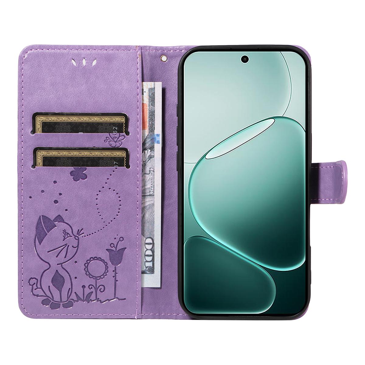 For OPPO A6 Pro 5G Cat and Bee Embossed Flip Leather Phone Case Wallet Cover with Card Slots Cash Pocket Magnetic Stand Protective Shockproof TPU PU Leather Case with Wrist Strap