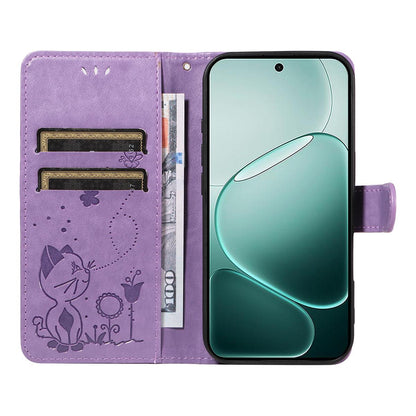 For OPPO A6 Pro 5G Cat and Bee Embossed Flip Leather Phone Case Wallet Cover with Card Slots Cash Pocket Magnetic Stand Protective Shockproof TPU PU Leather Case with Wrist Strap
