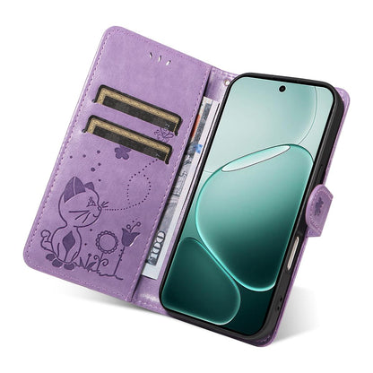 For OPPO A6 Pro 4G Cat and Bee Embossed Flip Leather Phone Case Wallet Cover with Card Slots Cash Pocket Magnetic Stand Protective Shockproof TPU PU Leather Case with Wrist Strap