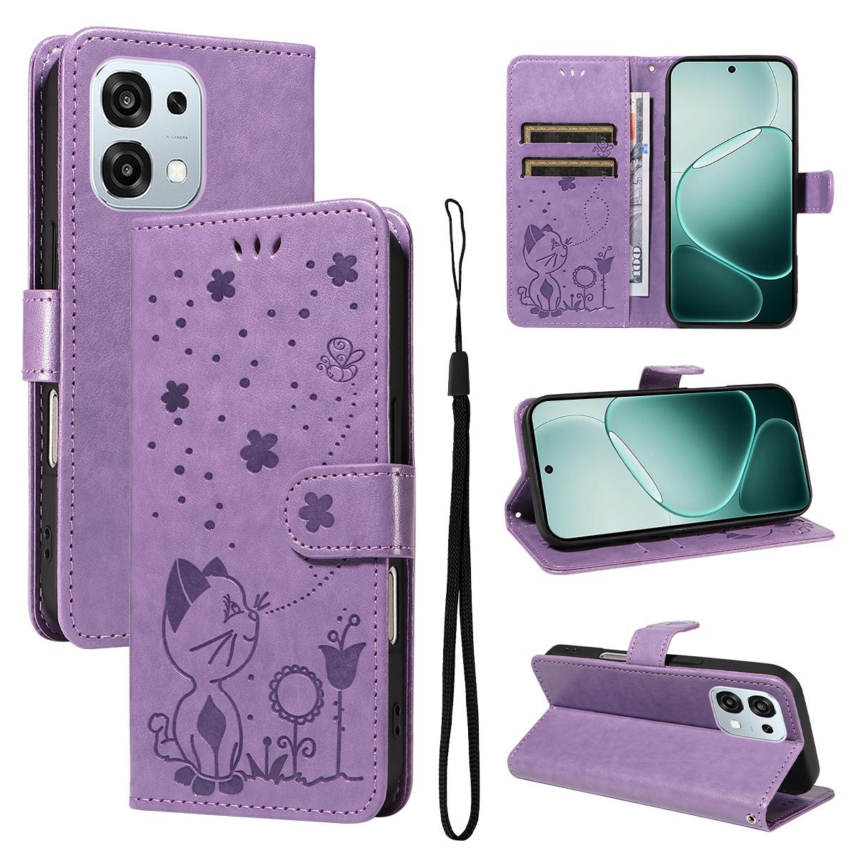 For OPPO A6 Pro 5G Cat and Bee Embossed Flip Leather Phone Case Wallet Cover with Card Slots Cash Pocket Magnetic Stand Protective Shockproof TPU PU Leather Case with Wrist Strap