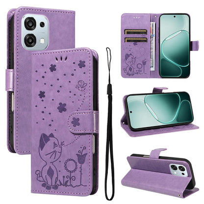 For OPPO A6 Pro 5G Cat and Bee Embossed Flip Leather Phone Case Wallet Cover with Card Slots Cash Pocket Magnetic Stand Protective Shockproof TPU PU Leather Case with Wrist Strap