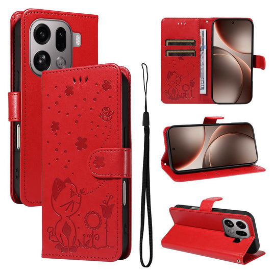 For OPPO Find X9 Pro Cat and Bee Embossed Flip Leather Phone Case Wallet Cover with Card Slots Cash Pocket Magnetic Stand Protective Shockproof TPU PU Leather Case with Wrist Strap