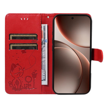 For OPPO Find X9 Pro Cat and Bee Embossed Flip Leather Phone Case Wallet Cover with Card Slots Cash Pocket Magnetic Stand Protective Shockproof TPU PU Leather Case with Wrist Strap