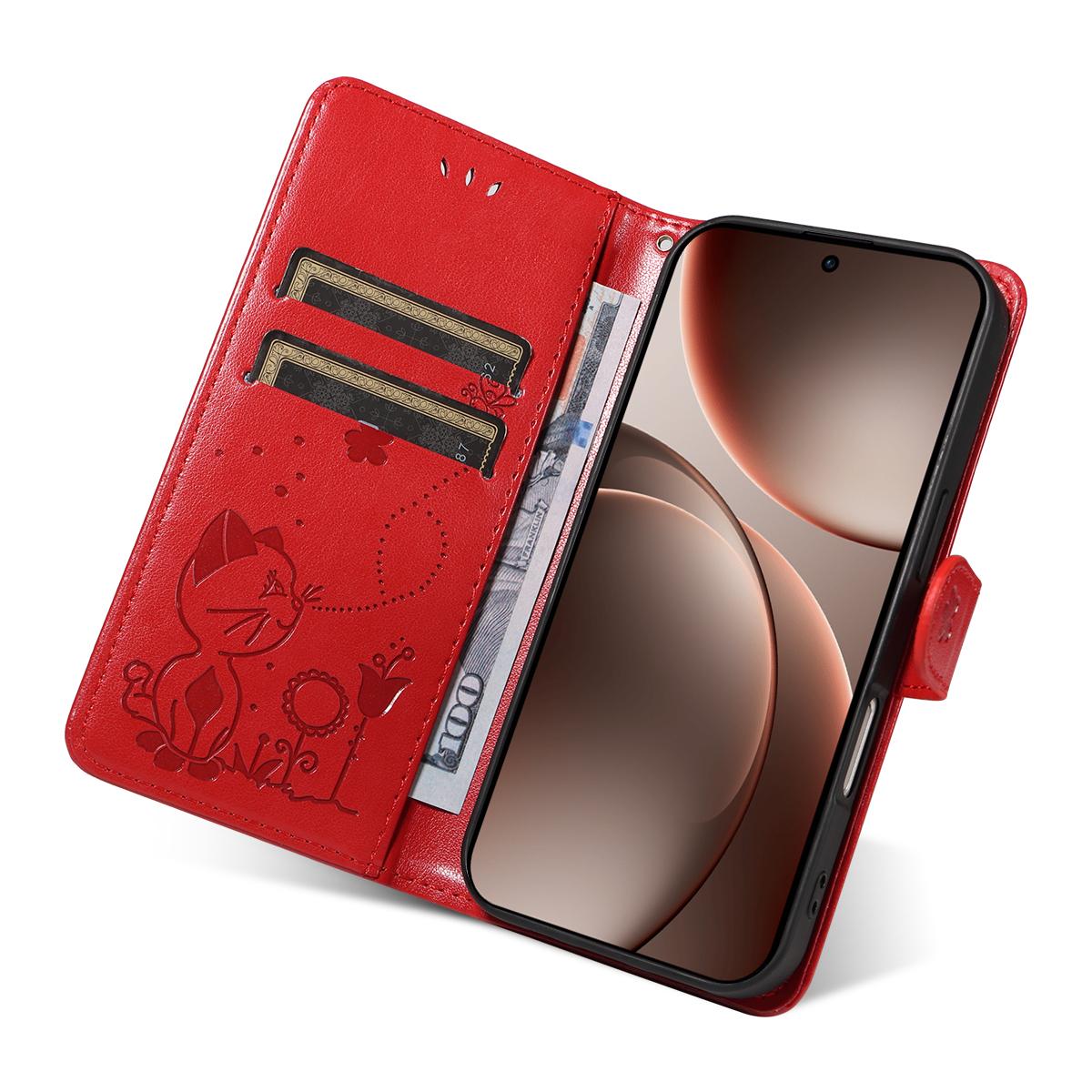 For OPPO Find X9 Pro Cat and Bee Embossed Flip Leather Phone Case Wallet Cover with Card Slots Cash Pocket Magnetic Stand Protective Shockproof TPU PU Leather Case with Wrist Strap