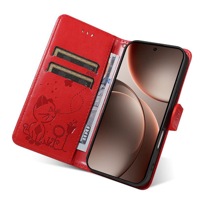 For OPPO Find X9 Pro Cat and Bee Embossed Flip Leather Phone Case Wallet Cover with Card Slots Cash Pocket Magnetic Stand Protective Shockproof TPU PU Leather Case with Wrist Strap