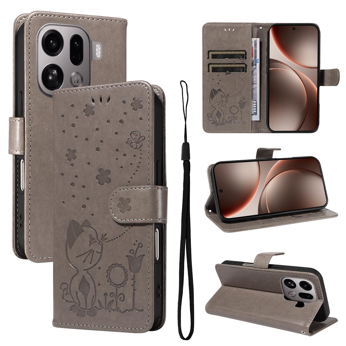 For OPPO Find X9 Pro Cat and Bee Embossed Flip Leather Phone Case Wallet Cover with Card Slots Cash Pocket Magnetic Stand Protective Shockproof TPU PU Leather Case with Wrist Strap