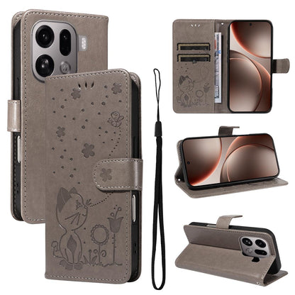 For OPPO Find X9 Pro Cat and Bee Embossed Flip Leather Phone Case Wallet Cover with Card Slots Cash Pocket Magnetic Stand Protective Shockproof TPU PU Leather Case with Wrist Strap