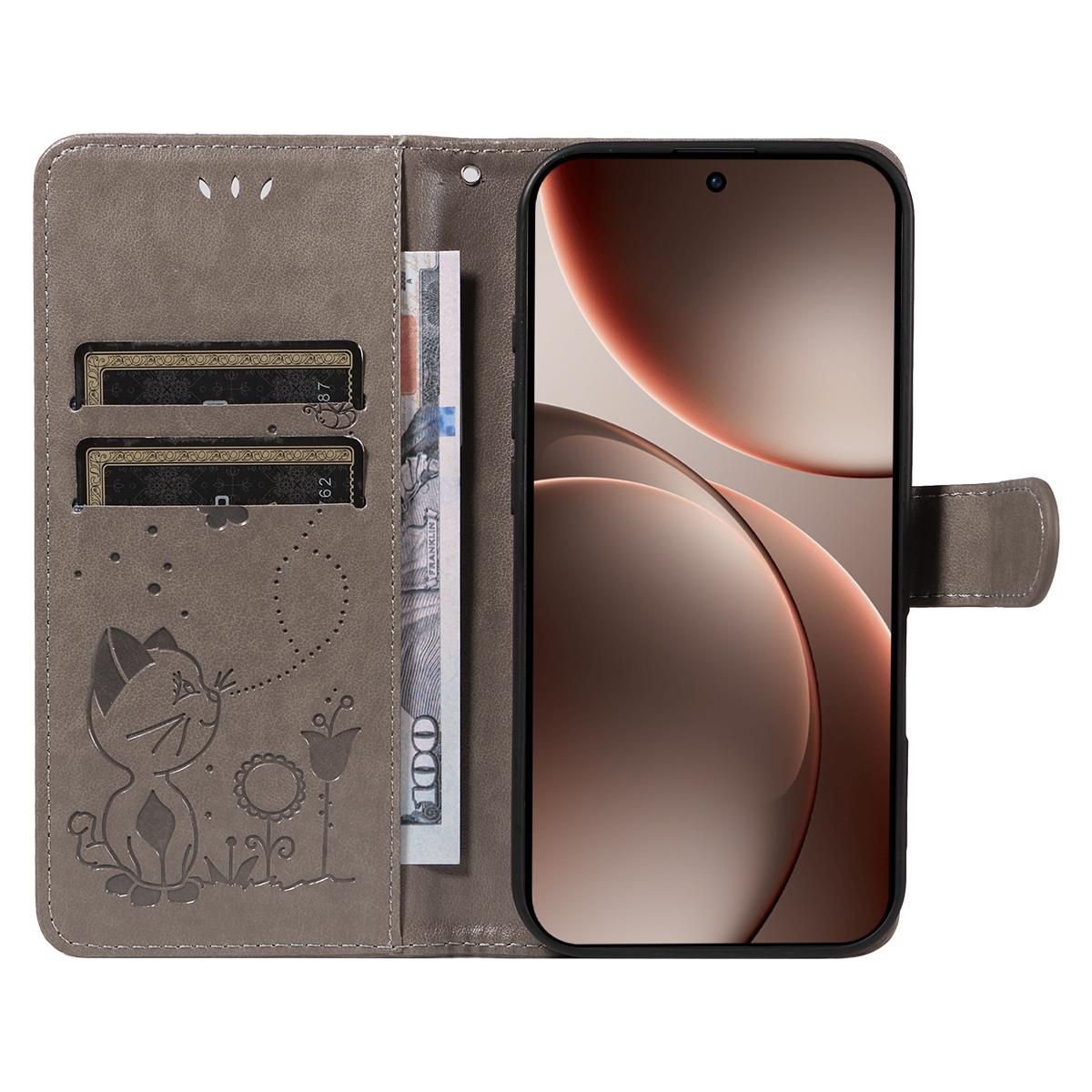 For OPPO Find X9 Pro Cat and Bee Embossed Flip Leather Phone Case Wallet Cover with Card Slots Cash Pocket Magnetic Stand Protective Shockproof TPU PU Leather Case with Wrist Strap