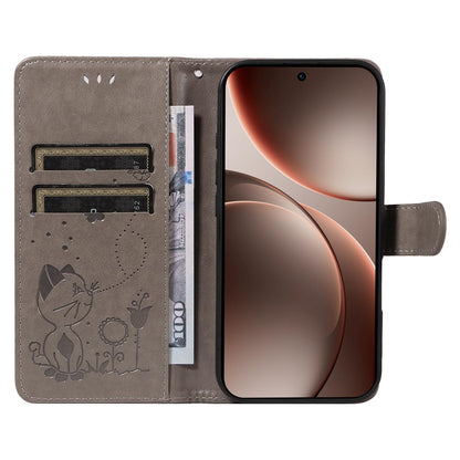 For OPPO Find X9 Pro Cat and Bee Embossed Flip Leather Phone Case Wallet Cover with Card Slots Cash Pocket Magnetic Stand Protective Shockproof TPU PU Leather Case with Wrist Strap