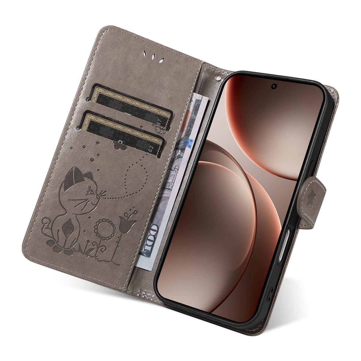 For OPPO Find X9 Pro Cat and Bee Embossed Flip Leather Phone Case Wallet Cover with Card Slots Cash Pocket Magnetic Stand Protective Shockproof TPU PU Leather Case with Wrist Strap