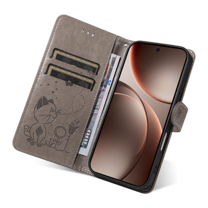 For OPPO Find X9 Pro Cat and Bee Embossed Flip Leather Phone Case Wallet Cover with Card Slots Cash Pocket Magnetic Stand Protective Shockproof TPU PU Leather Case with Wrist Strap