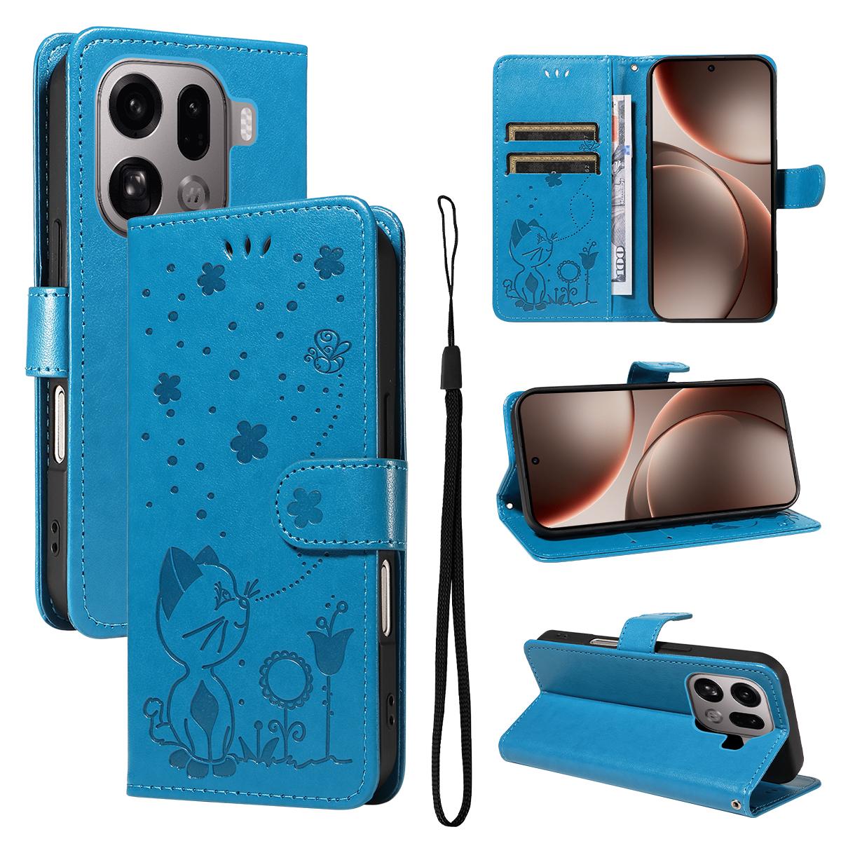 For OPPO Find X9 Pro Cat and Bee Embossed Flip Leather Phone Case Wallet Cover with Card Slots Cash Pocket Magnetic Stand Protective Shockproof TPU PU Leather Case with Wrist Strap