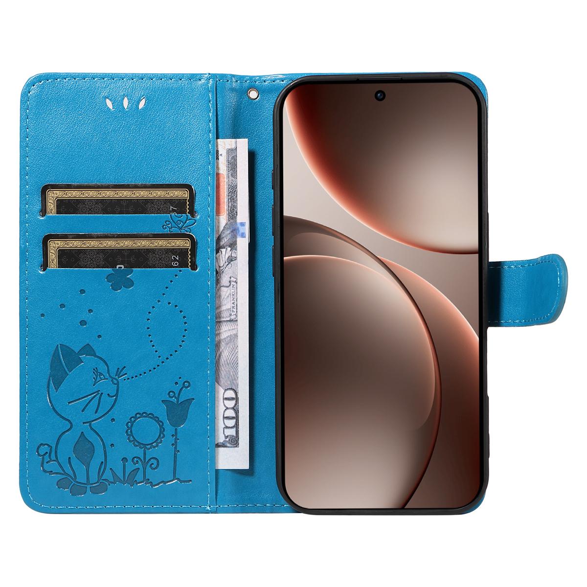 For OPPO Find X9 Pro Cat and Bee Embossed Flip Leather Phone Case Wallet Cover with Card Slots Cash Pocket Magnetic Stand Protective Shockproof TPU PU Leather Case with Wrist Strap