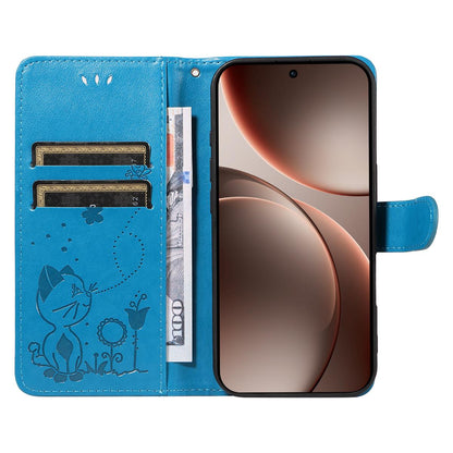 For OPPO Find X9 Pro Cat and Bee Embossed Flip Leather Phone Case Wallet Cover with Card Slots Cash Pocket Magnetic Stand Protective Shockproof TPU PU Leather Case with Wrist Strap