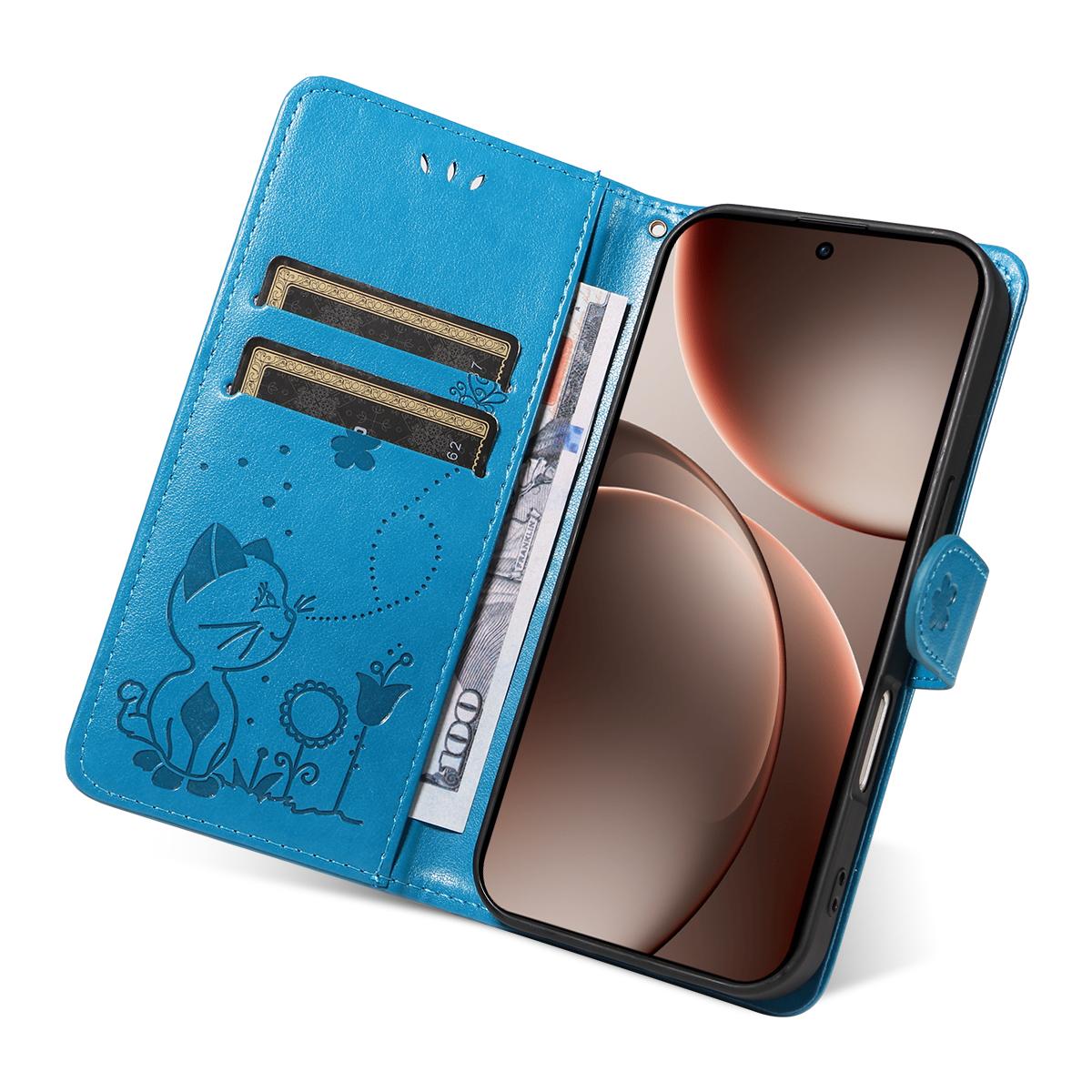 For OPPO Find X9 Pro Cat and Bee Embossed Flip Leather Phone Case Wallet Cover with Card Slots Cash Pocket Magnetic Stand Protective Shockproof TPU PU Leather Case with Wrist Strap