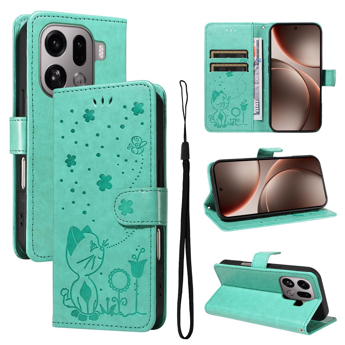 For OPPO Find X9 Pro Cat and Bee Embossed Flip Leather Phone Case Wallet Cover with Card Slots Cash Pocket Magnetic Stand Protective Shockproof TPU PU Leather Case with Wrist Strap