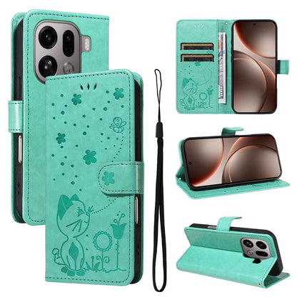 For OPPO Find X9 Pro Cat and Bee Embossed Flip Leather Phone Case Wallet Cover with Card Slots Cash Pocket Magnetic Stand Protective Shockproof TPU PU Leather Case with Wrist Strap