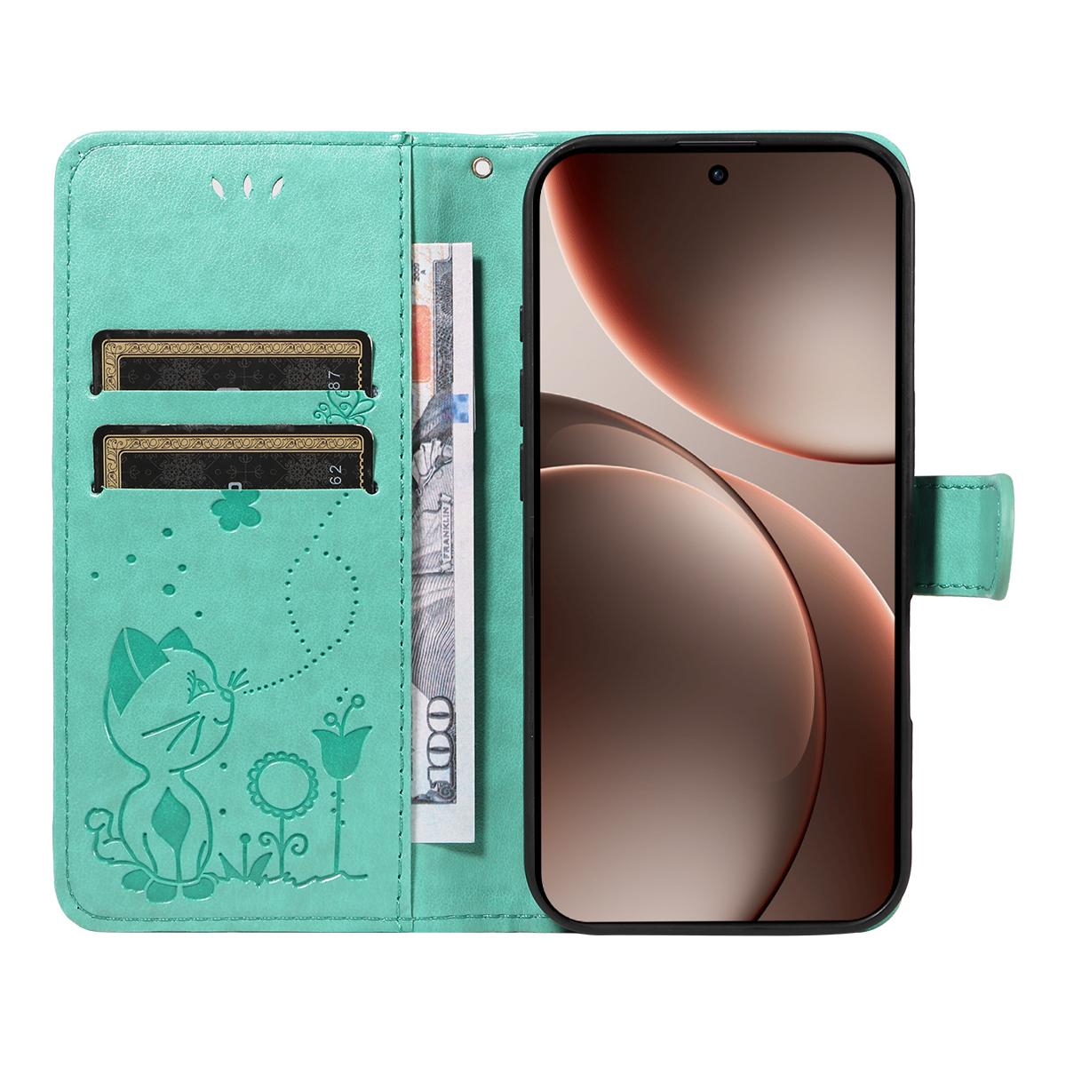For OPPO Find X9 Pro Cat and Bee Embossed Flip Leather Phone Case Wallet Cover with Card Slots Cash Pocket Magnetic Stand Protective Shockproof TPU PU Leather Case with Wrist Strap