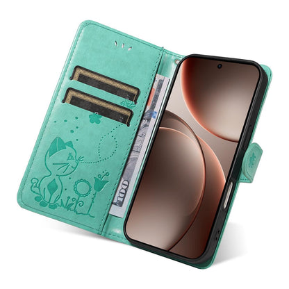 For OPPO Find X9 Pro Cat and Bee Embossed Flip Leather Phone Case Wallet Cover with Card Slots Cash Pocket Magnetic Stand Protective Shockproof TPU PU Leather Case with Wrist Strap
