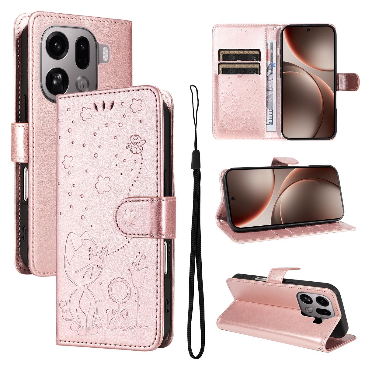 For OPPO Find X9 Pro Cat and Bee Embossed Flip Leather Phone Case Wallet Cover with Card Slots Cash Pocket Magnetic Stand Protective Shockproof TPU PU Leather Case with Wrist Strap