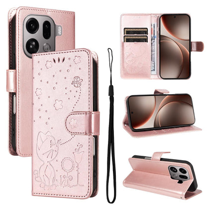 For OPPO Find X9 Pro Cat and Bee Embossed Flip Leather Phone Case Wallet Cover with Card Slots Cash Pocket Magnetic Stand Protective Shockproof TPU PU Leather Case with Wrist Strap