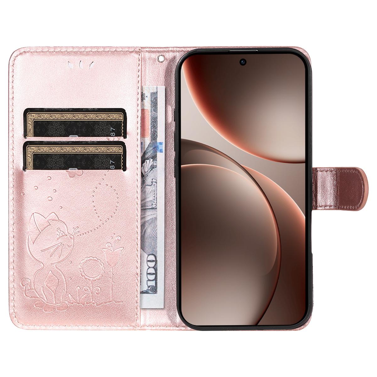 For OPPO Find X9 Pro Cat and Bee Embossed Flip Leather Phone Case Wallet Cover with Card Slots Cash Pocket Magnetic Stand Protective Shockproof TPU PU Leather Case with Wrist Strap