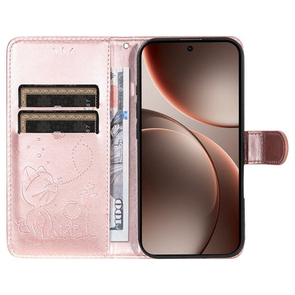 For OPPO Find X9 Pro Cat and Bee Embossed Flip Leather Phone Case Wallet Cover with Card Slots Cash Pocket Magnetic Stand Protective Shockproof TPU PU Leather Case with Wrist Strap
