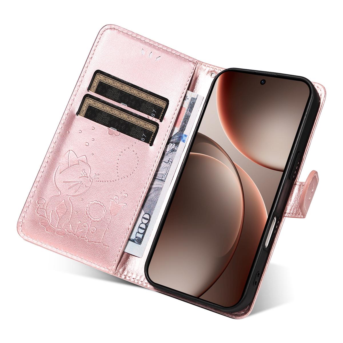 For OPPO Find X9 Pro Cat and Bee Embossed Flip Leather Phone Case Wallet Cover with Card Slots Cash Pocket Magnetic Stand Protective Shockproof TPU PU Leather Case with Wrist Strap