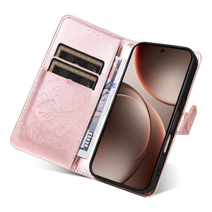 For OPPO Find X9 Pro Cat and Bee Embossed Flip Leather Phone Case Wallet Cover with Card Slots Cash Pocket Magnetic Stand Protective Shockproof TPU PU Leather Case with Wrist Strap