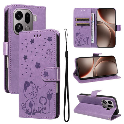 For OPPO Find X9 Pro Cat and Bee Embossed Flip Leather Phone Case Wallet Cover with Card Slots Cash Pocket Magnetic Stand Protective Shockproof TPU PU Leather Case with Wrist Strap