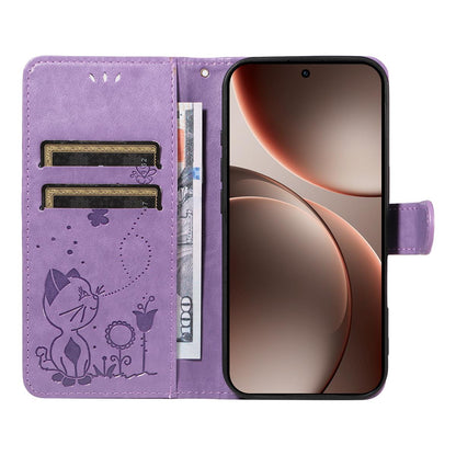 For OPPO Find X9 Pro Cat and Bee Embossed Flip Leather Phone Case Wallet Cover with Card Slots Cash Pocket Magnetic Stand Protective Shockproof TPU PU Leather Case with Wrist Strap
