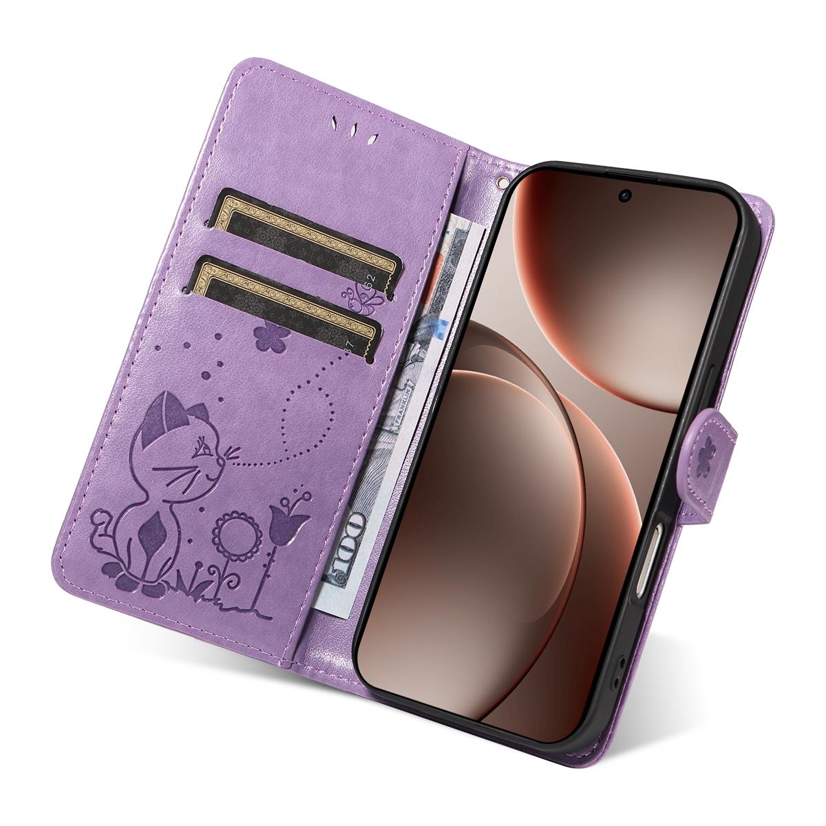 For OPPO Find X9 Pro Cat and Bee Embossed Flip Leather Phone Case Wallet Cover with Card Slots Cash Pocket Magnetic Stand Protective Shockproof TPU PU Leather Case with Wrist Strap