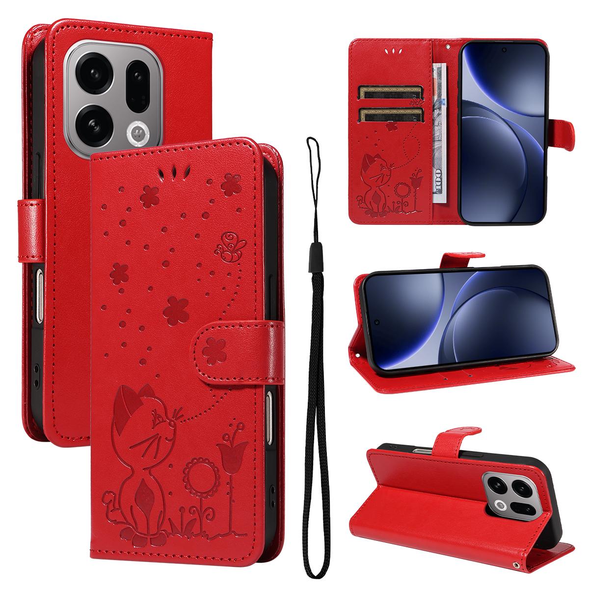 For OPPO Find X9 Cat and Bee Embossed Flip Leather Phone Case Wallet Cover with Card Slots Cash Pocket Magnetic Stand Protective Shockproof TPU PU Leather Case with Wrist Strap