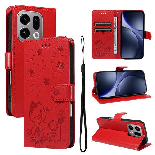 For OPPO Find X9 Cat and Bee Embossed Flip Leather Phone Case Wallet Cover with Card Slots Cash Pocket Magnetic Stand Protective Shockproof TPU PU Leather Case with Wrist Strap