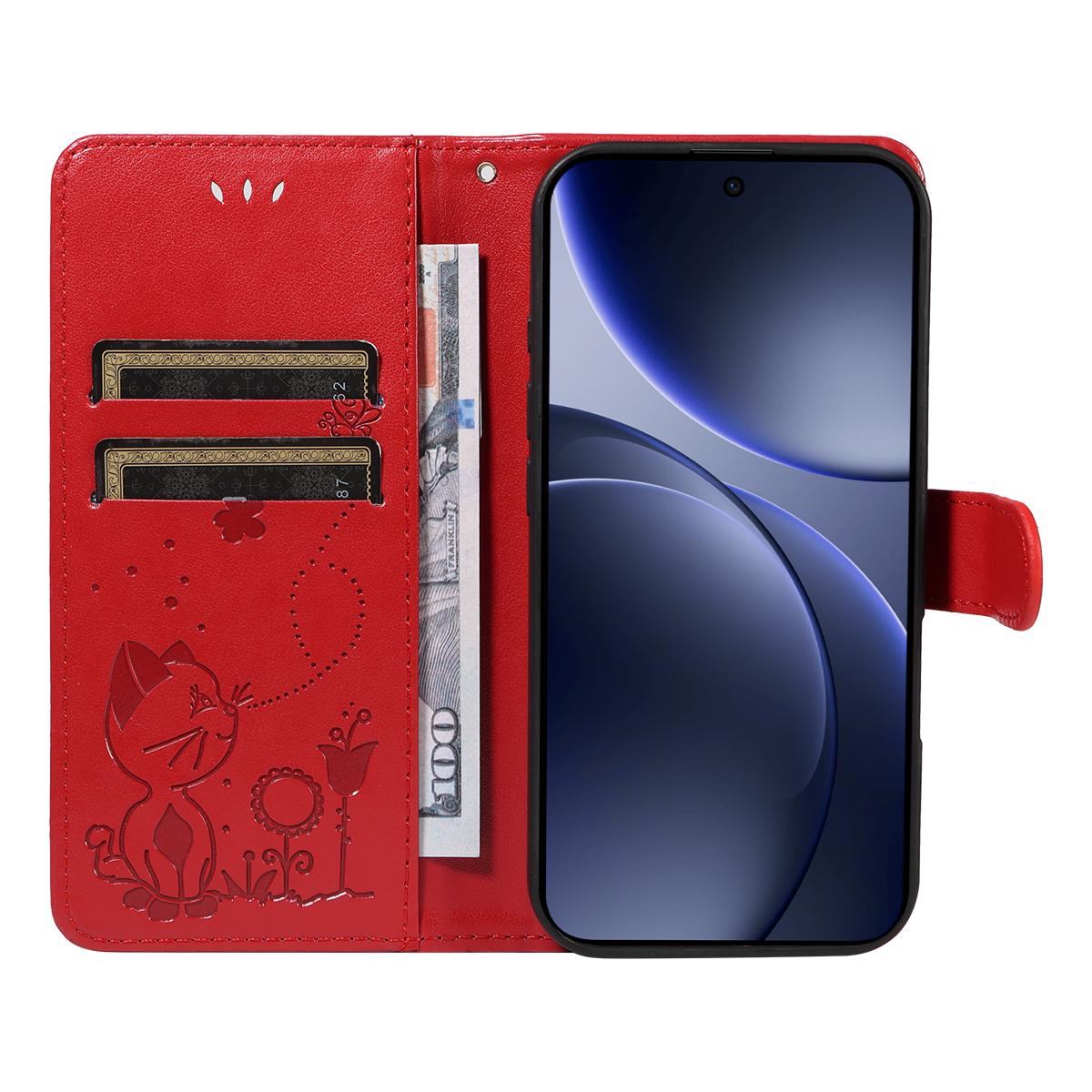 For OPPO Find X9 Cat and Bee Embossed Flip Leather Phone Case Wallet Cover with Card Slots Cash Pocket Magnetic Stand Protective Shockproof TPU PU Leather Case with Wrist Strap
