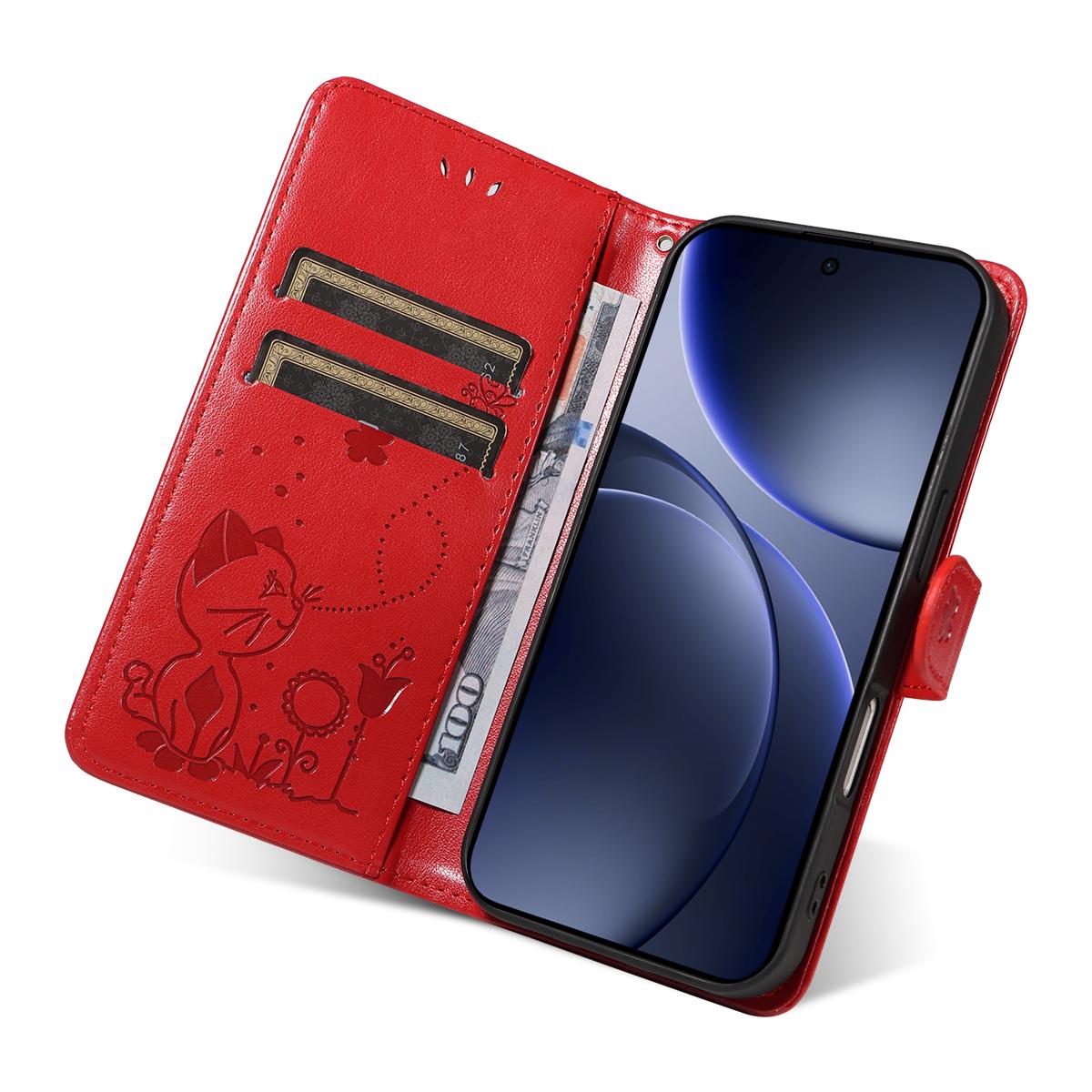For OPPO Find X9 Cat and Bee Embossed Flip Leather Phone Case Wallet Cover with Card Slots Cash Pocket Magnetic Stand Protective Shockproof TPU PU Leather Case with Wrist Strap