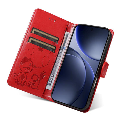 For OPPO Find X9 Cat and Bee Embossed Flip Leather Phone Case Wallet Cover with Card Slots Cash Pocket Magnetic Stand Protective Shockproof TPU PU Leather Case with Wrist Strap