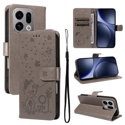 For OPPO Find X9 Cat and Bee Embossed Flip Leather Phone Case Wallet Cover with Card Slots Cash Pocket Magnetic Stand Protective Shockproof TPU PU Leather Case with Wrist Strap