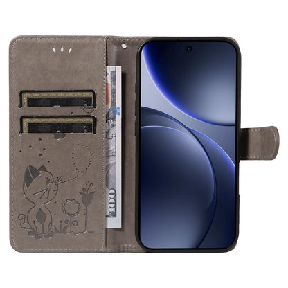 For OPPO Find X9 Cat and Bee Embossed Flip Leather Phone Case Wallet Cover with Card Slots Cash Pocket Magnetic Stand Protective Shockproof TPU PU Leather Case with Wrist Strap