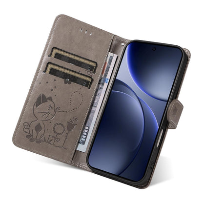 For OPPO Find X9 Cat and Bee Embossed Flip Leather Phone Case Wallet Cover with Card Slots Cash Pocket Magnetic Stand Protective Shockproof TPU PU Leather Case with Wrist Strap