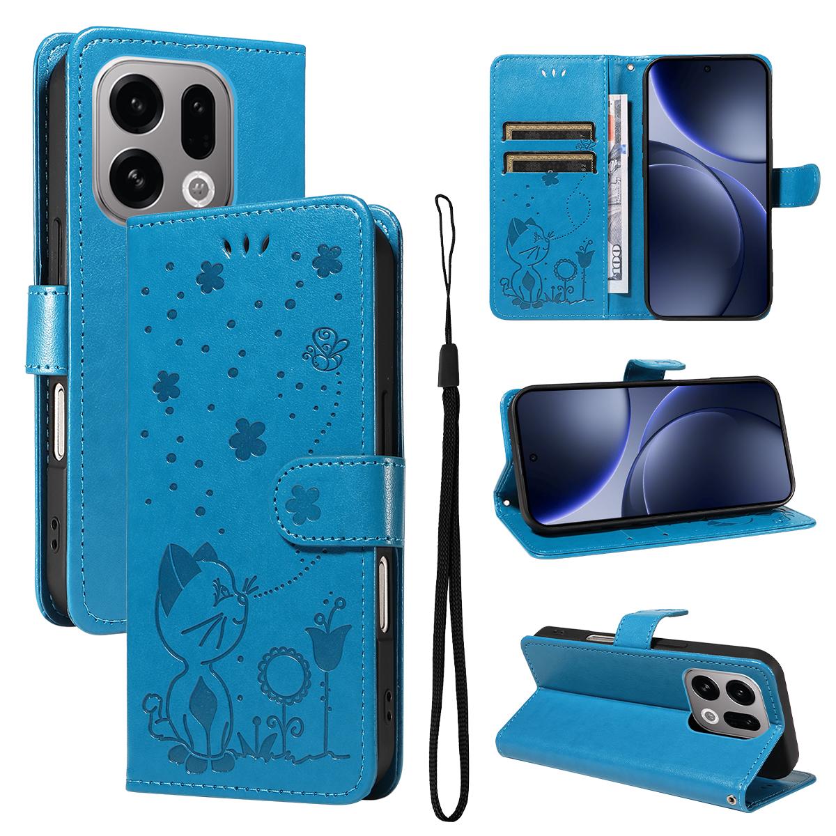 For OPPO Find X9 Cat and Bee Embossed Flip Leather Phone Case Wallet Cover with Card Slots Cash Pocket Magnetic Stand Protective Shockproof TPU PU Leather Case with Wrist Strap