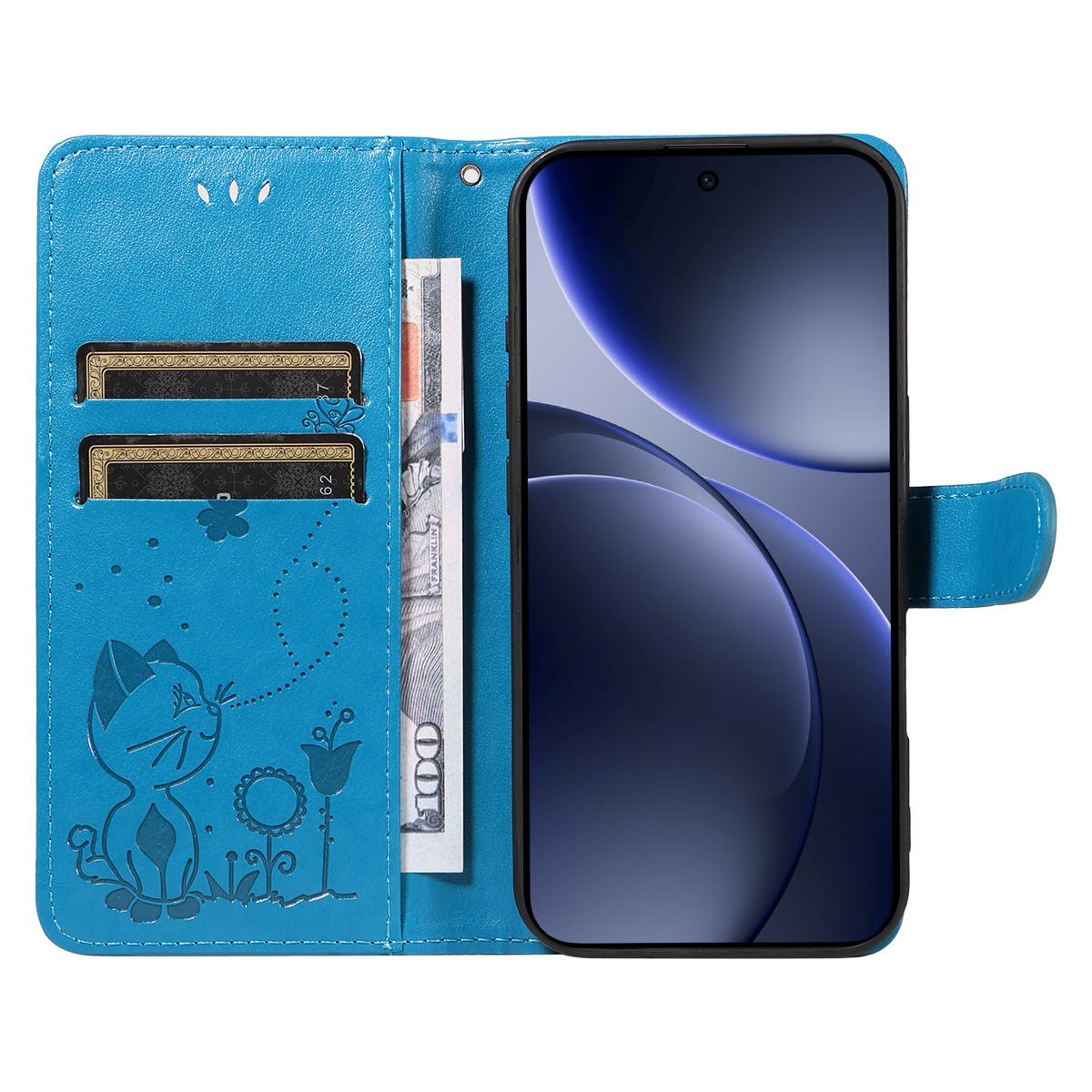 For OPPO Find X9 Cat and Bee Embossed Flip Leather Phone Case Wallet Cover with Card Slots Cash Pocket Magnetic Stand Protective Shockproof TPU PU Leather Case with Wrist Strap